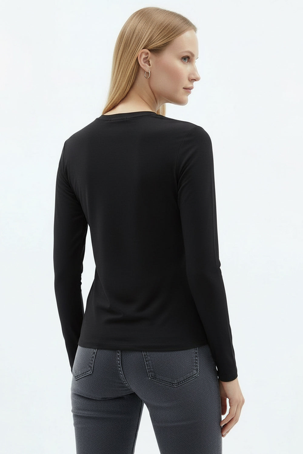 Crew Neck Embroidered Woven Blouse - Black