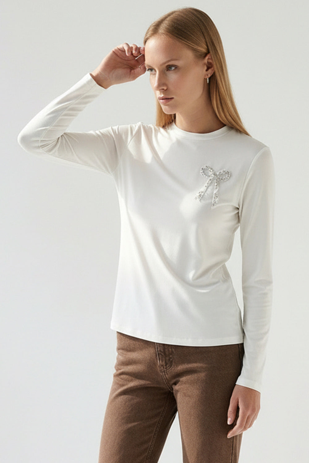 Crew Neck Embroidered Woven Blouse - Ecru