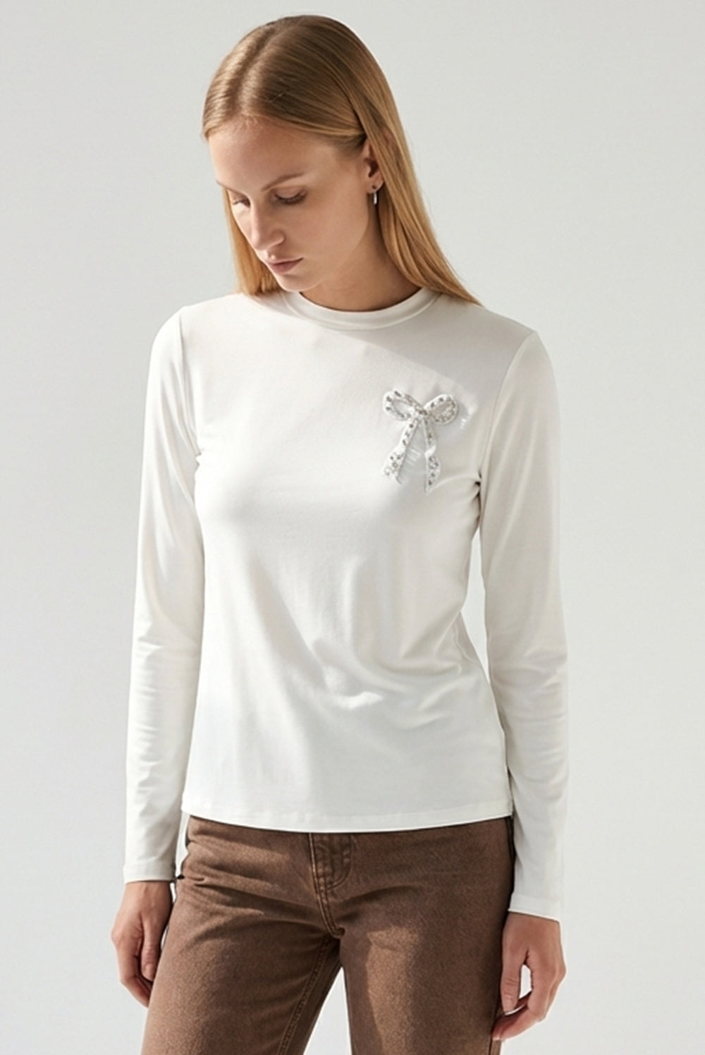 Crew Neck Embroidered Woven Blouse - Ecru