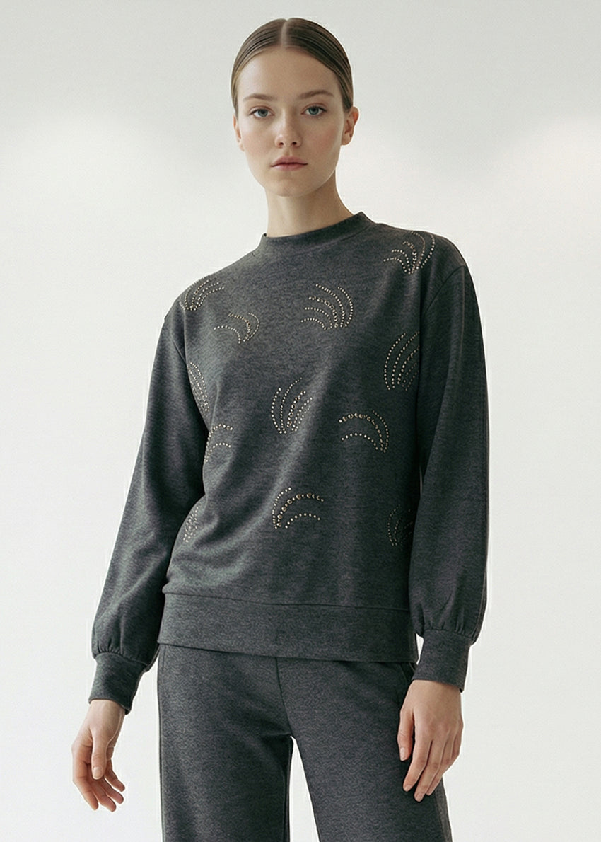 Statement Patterned Sweatshirt with Crystal Embellishments