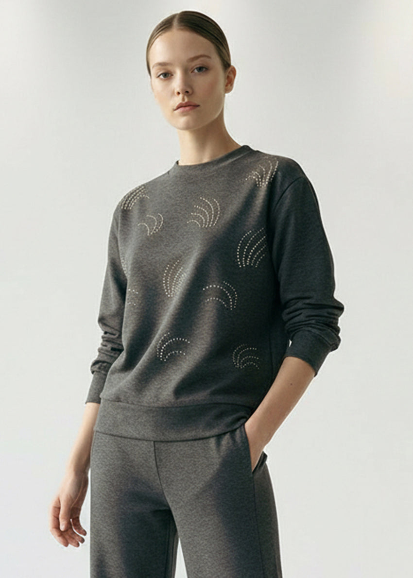 Statement Patterned Sweatshirt with Crystal Embellishments