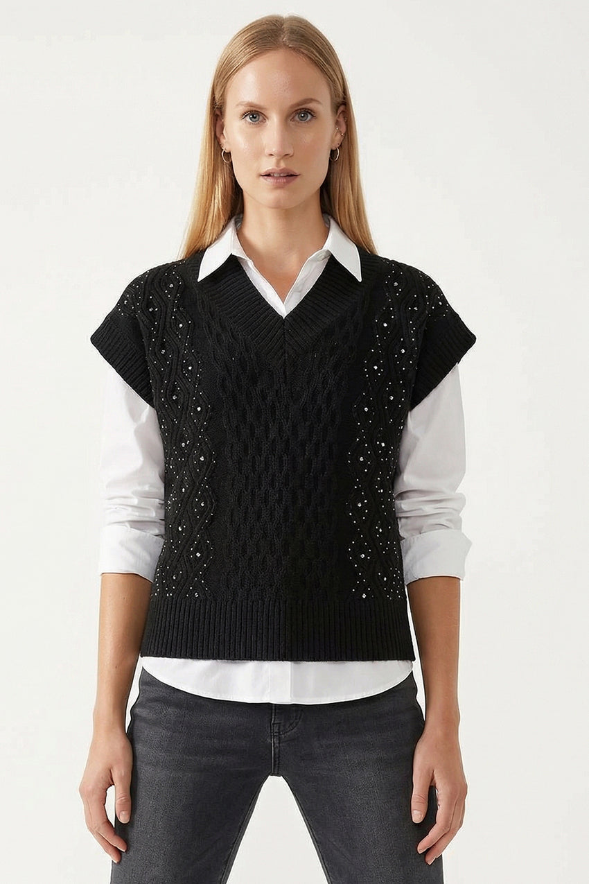 Adoria Black V-Neck Cable Knit Sweater