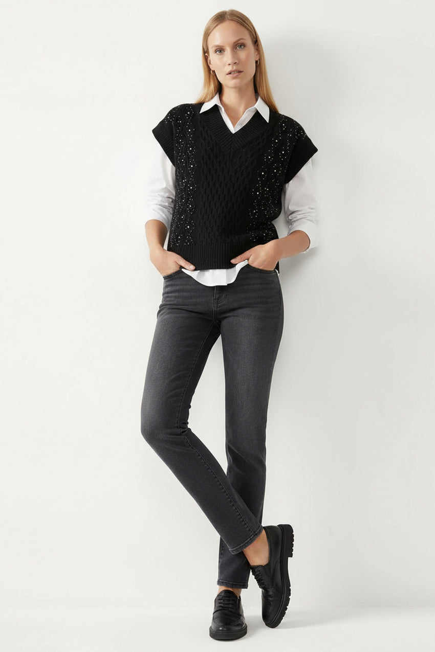 Adoria Black V-Neck Cable Knit Sweater