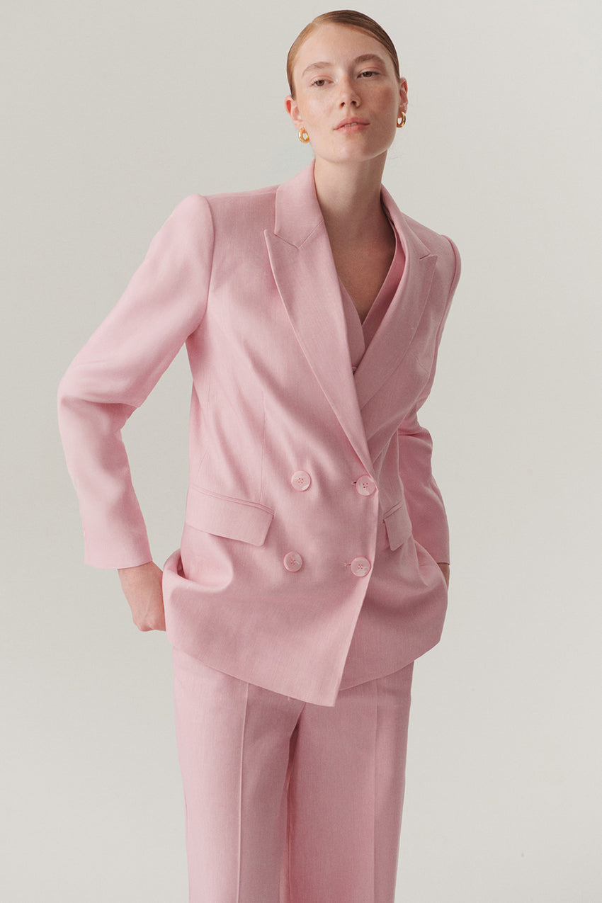 Pink Linen Regular Fit Blazer with Shawl Collar