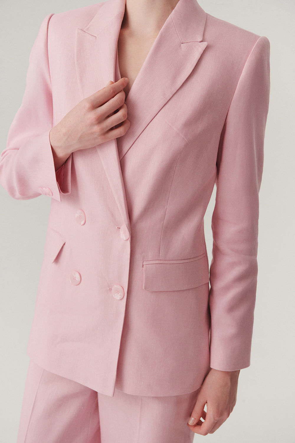 Pink Linen Regular Fit Blazer with Shawl Collar