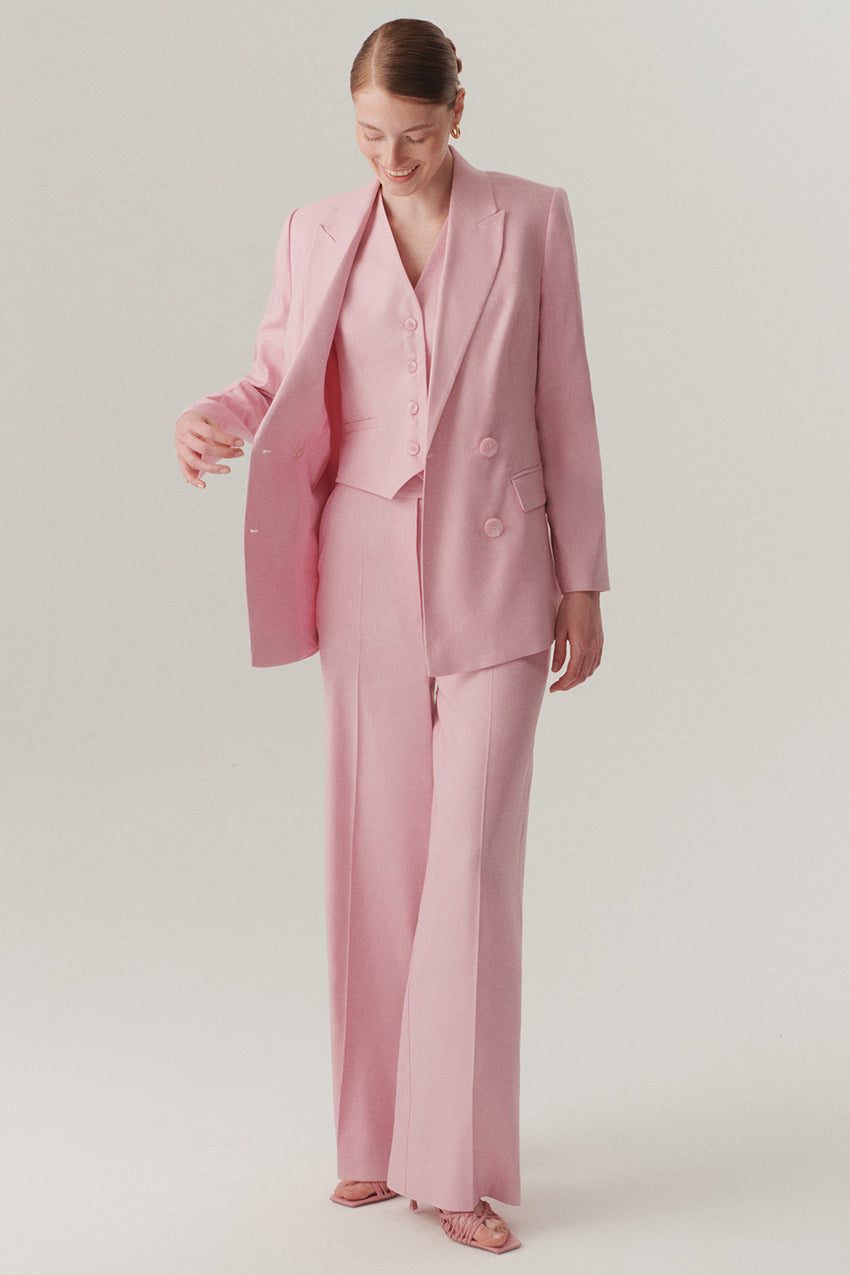 Pink Linen Regular Fit Blazer with Shawl Collar