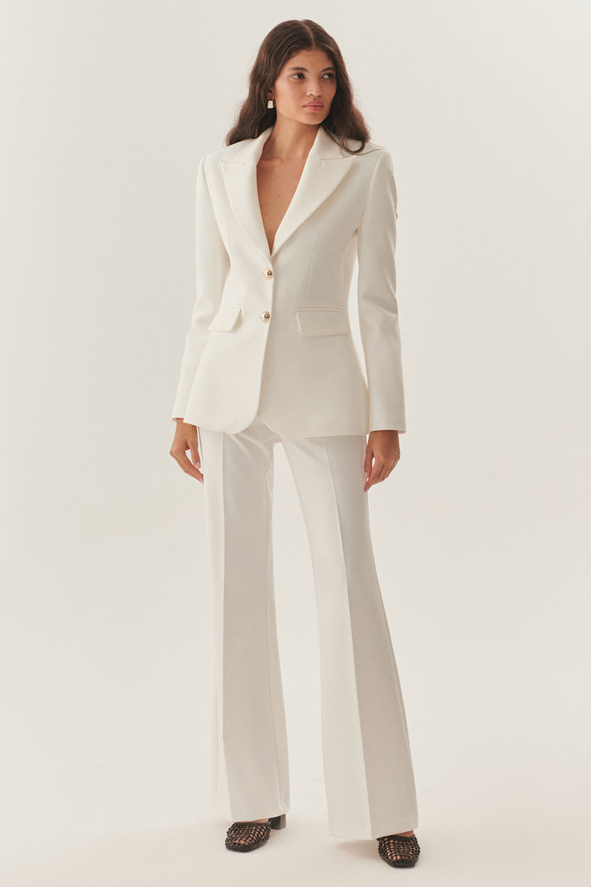 Double-Breasted Waist-Fitted White Blazer