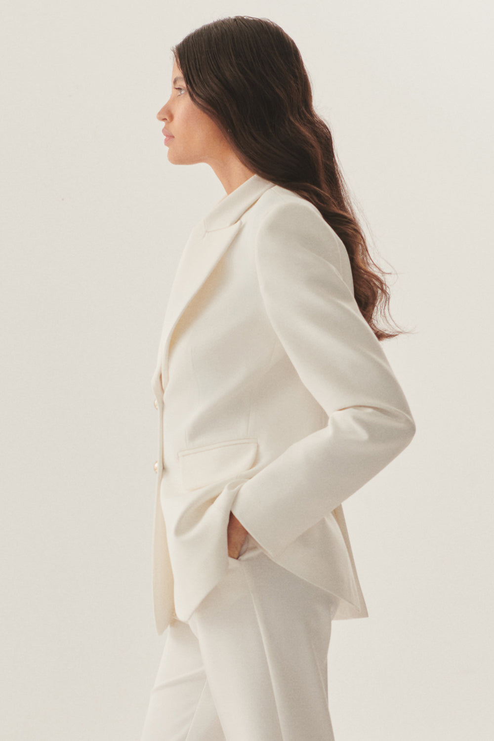 Double-Breasted Waist-Fitted White Blazer
