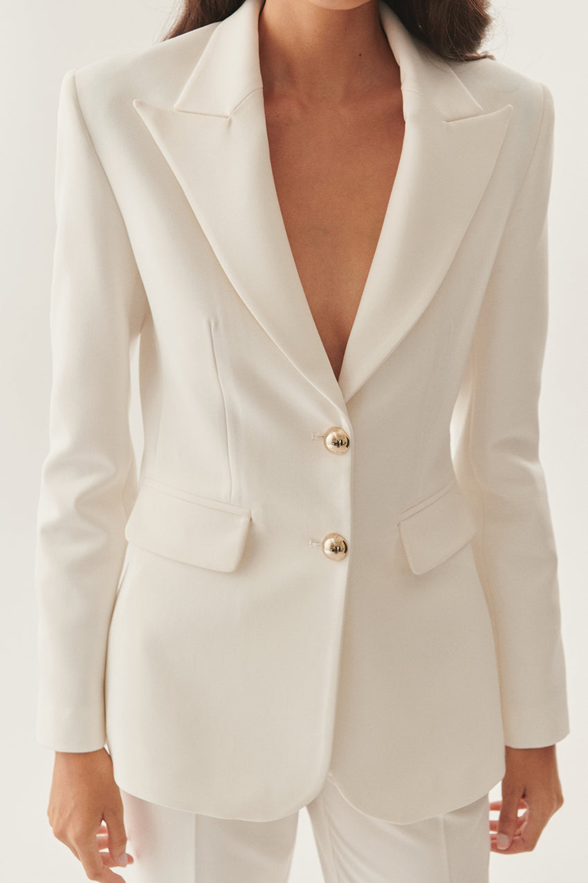 Double-Breasted Waist-Fitted White Blazer
