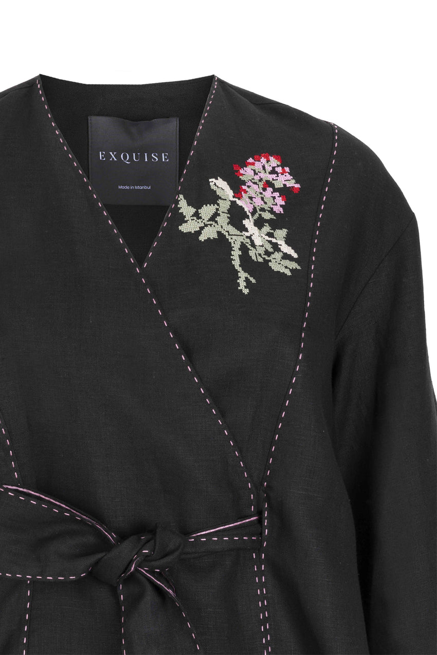 Relaxed Fit Embroidered Jacket with Self-Fabric Belt