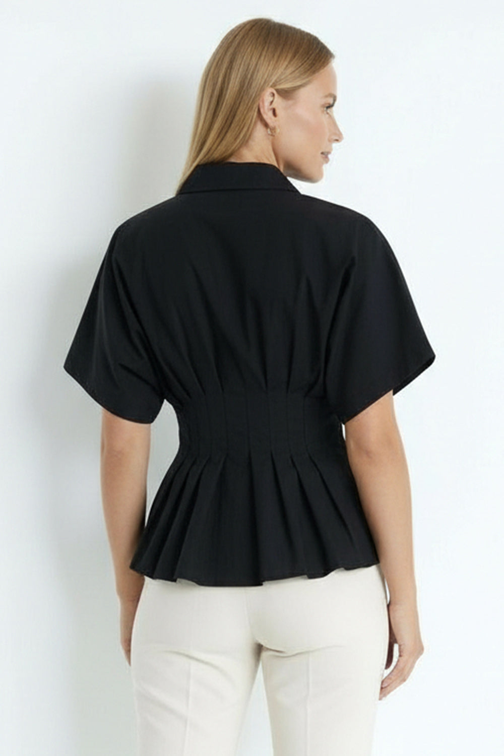 Pleated Waist Button-Up Blouse