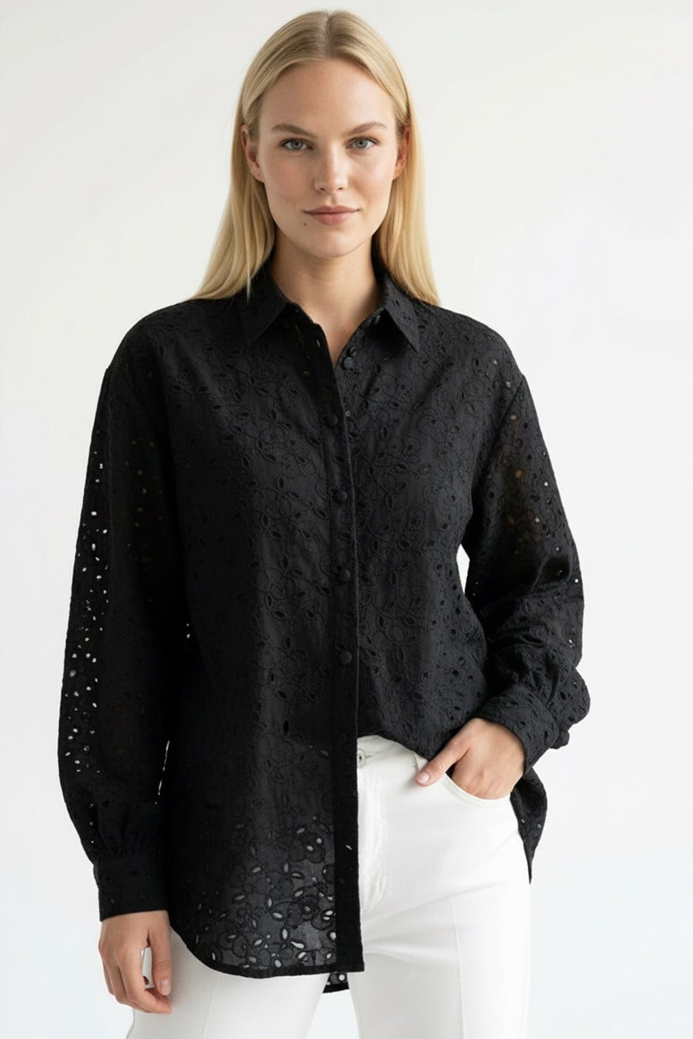 Long Sleeve Regular Fit Broderie Anglaise Shirt - Black