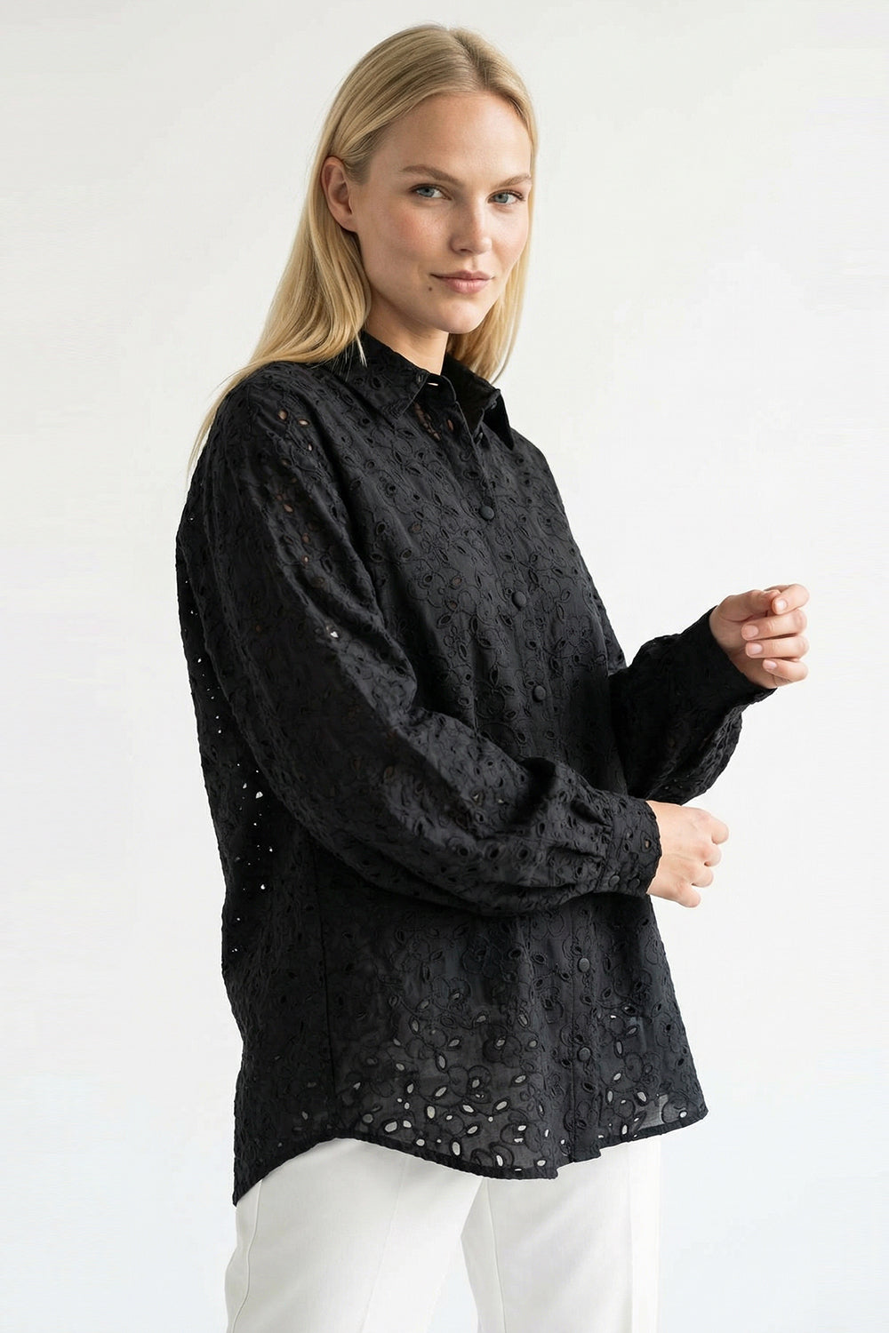Long Sleeve Regular Fit Broderie Anglaise Shirt - Black