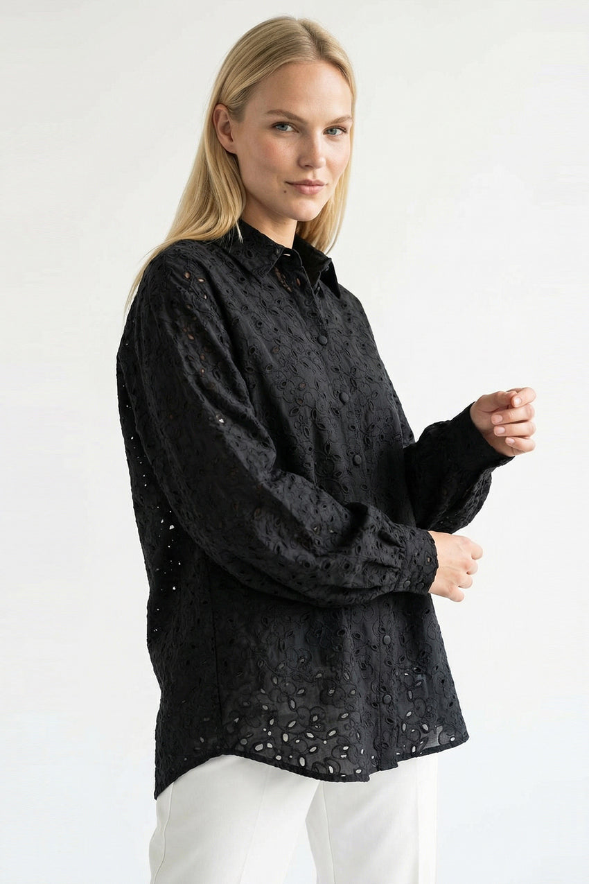 Long Sleeve Regular Fit Broderie Anglaise Shirt - Black