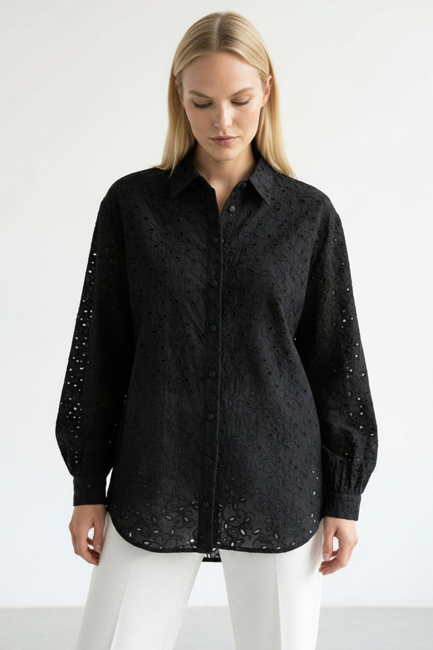 Long Sleeve Regular Fit Broderie Anglaise Shirt - Black