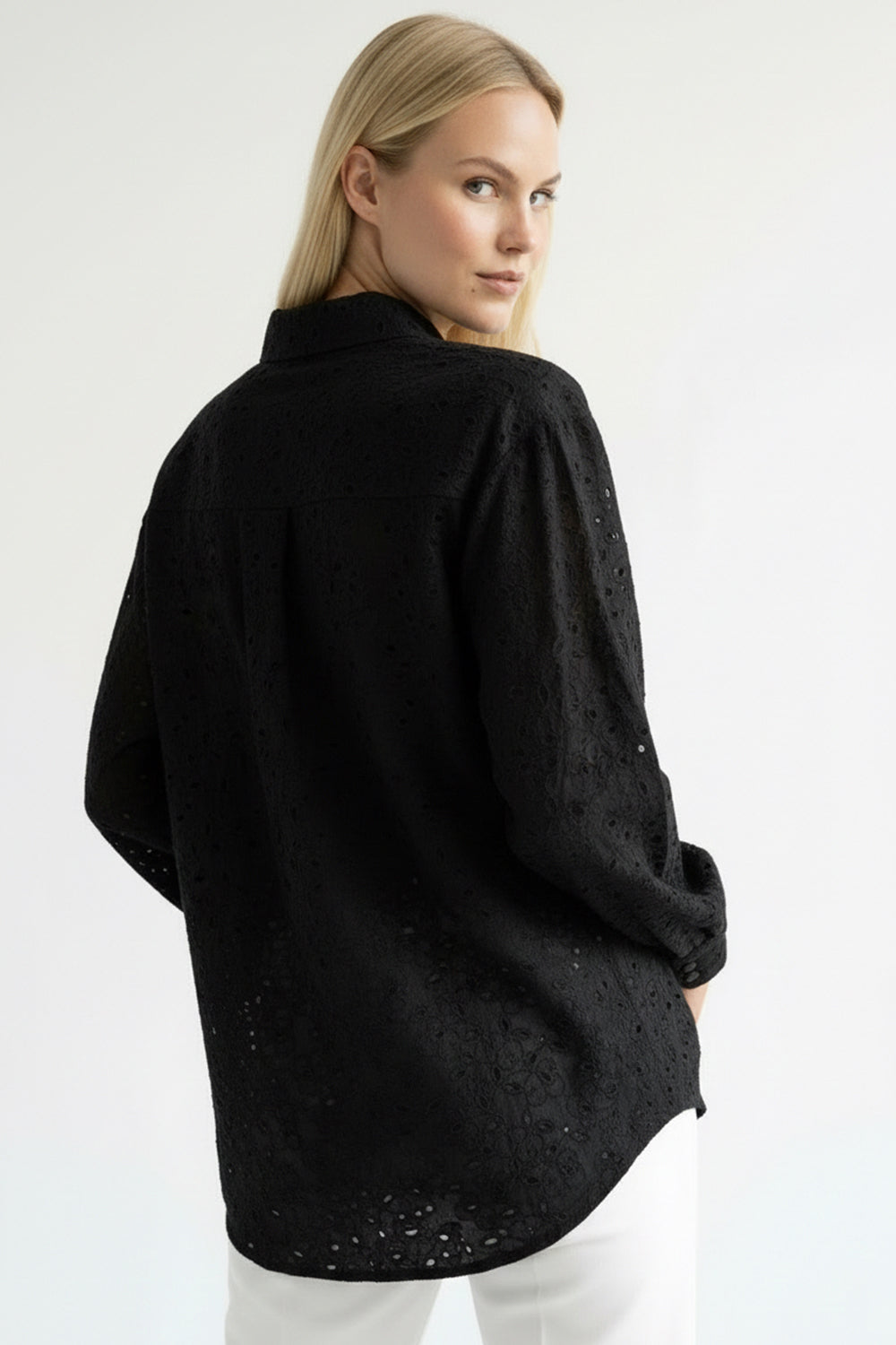 Long Sleeve Regular Fit Broderie Anglaise Shirt - Black