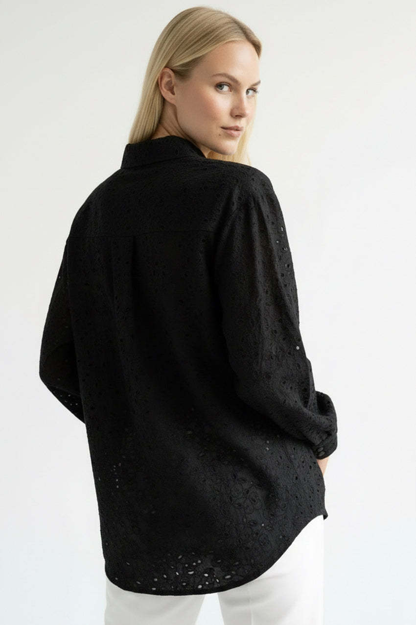 Long Sleeve Regular Fit Broderie Anglaise Shirt - Black