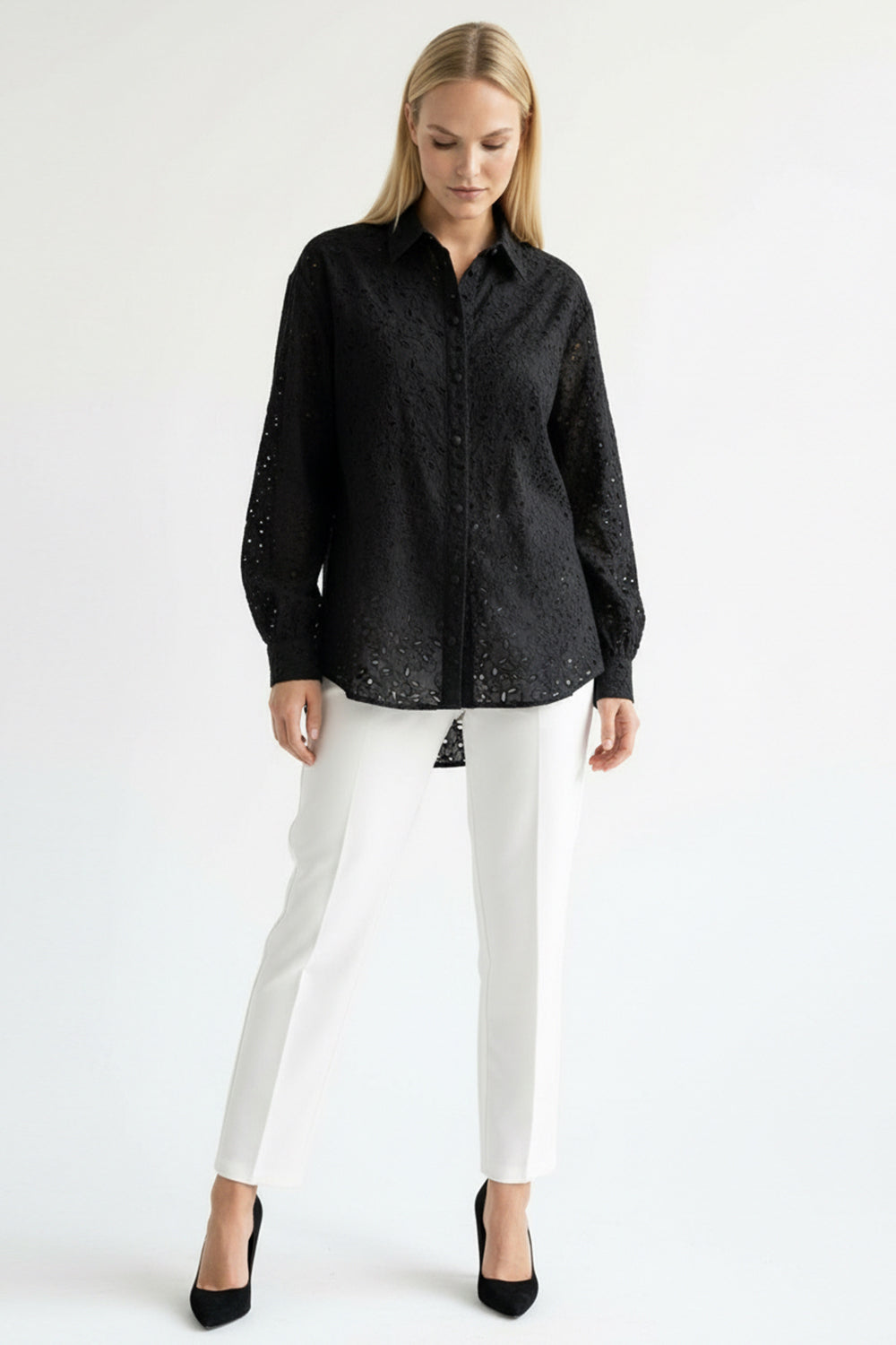 Long Sleeve Regular Fit Broderie Anglaise Shirt - Black