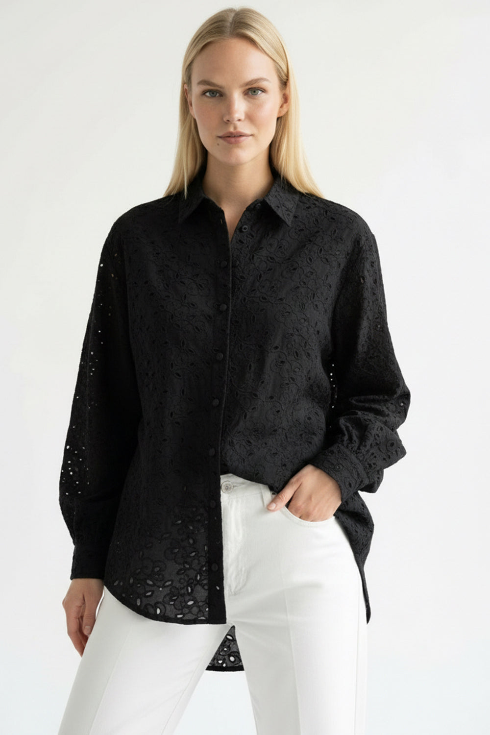 Long Sleeve Regular Fit Broderie Anglaise Shirt - Black