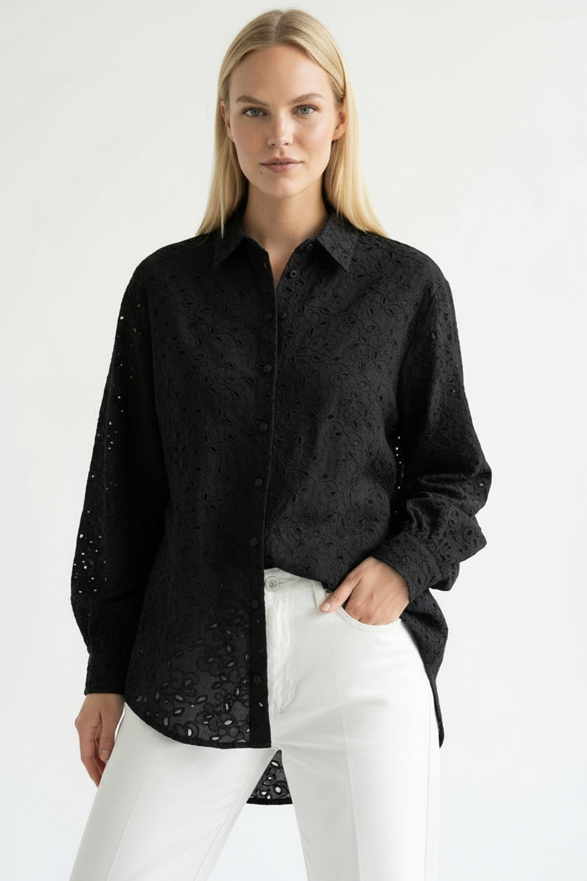 Long Sleeve Regular Fit Broderie Anglaise Shirt - Black