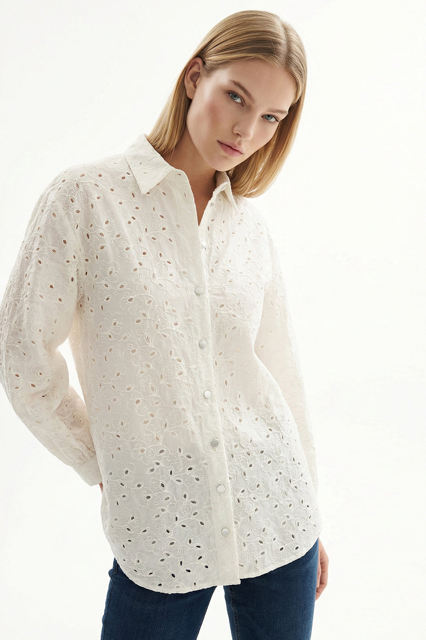 Long Sleeve Regular Fit Broderie Anglaise Shirt - Ecru