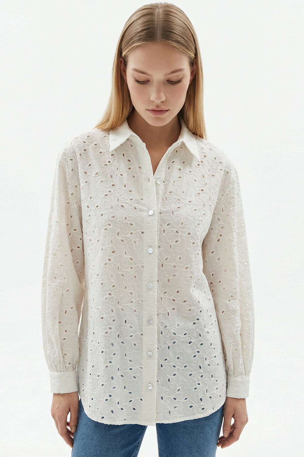 Long Sleeve Regular Fit Broderie Anglaise Shirt - Ecru