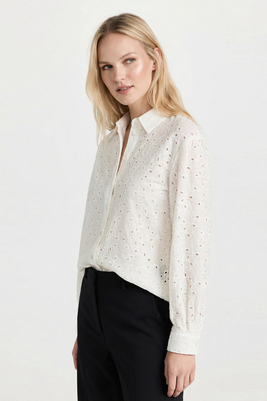 Long Sleeve Regular Fit Broderie Anglaise Shirt - Ecru