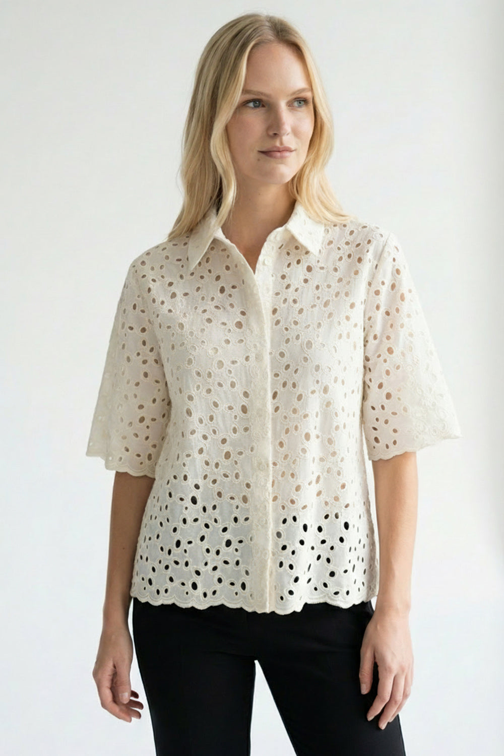 Broderie Anglaise Cotton Regular Fit Short Shirt - Bone
