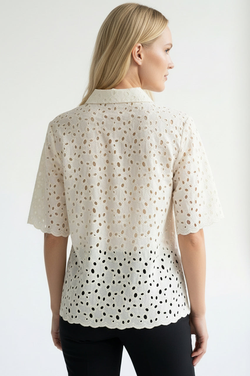 Broderie Anglaise Cotton Regular Fit Short Shirt - Bone