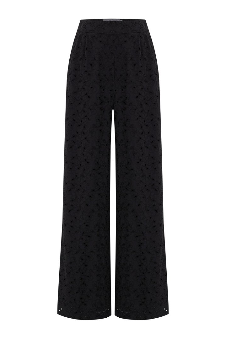 Broderie Anglaise Fabric Loose Fit Pants - Black