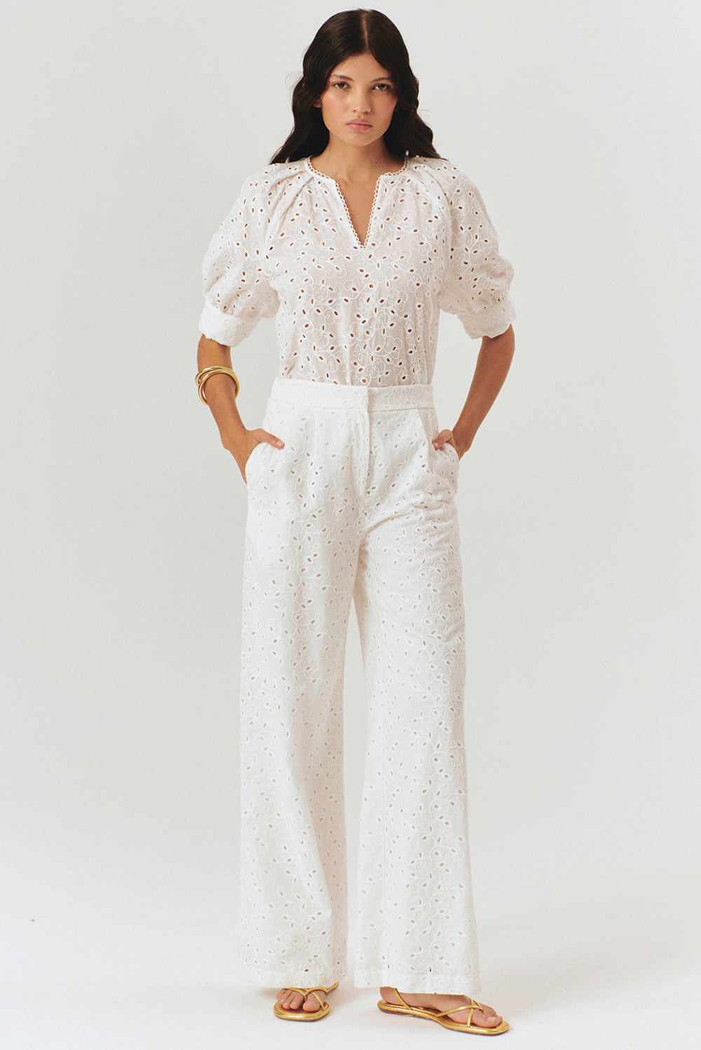 Broderie Anglaise Fabric Loose Fit Pants - Ecru