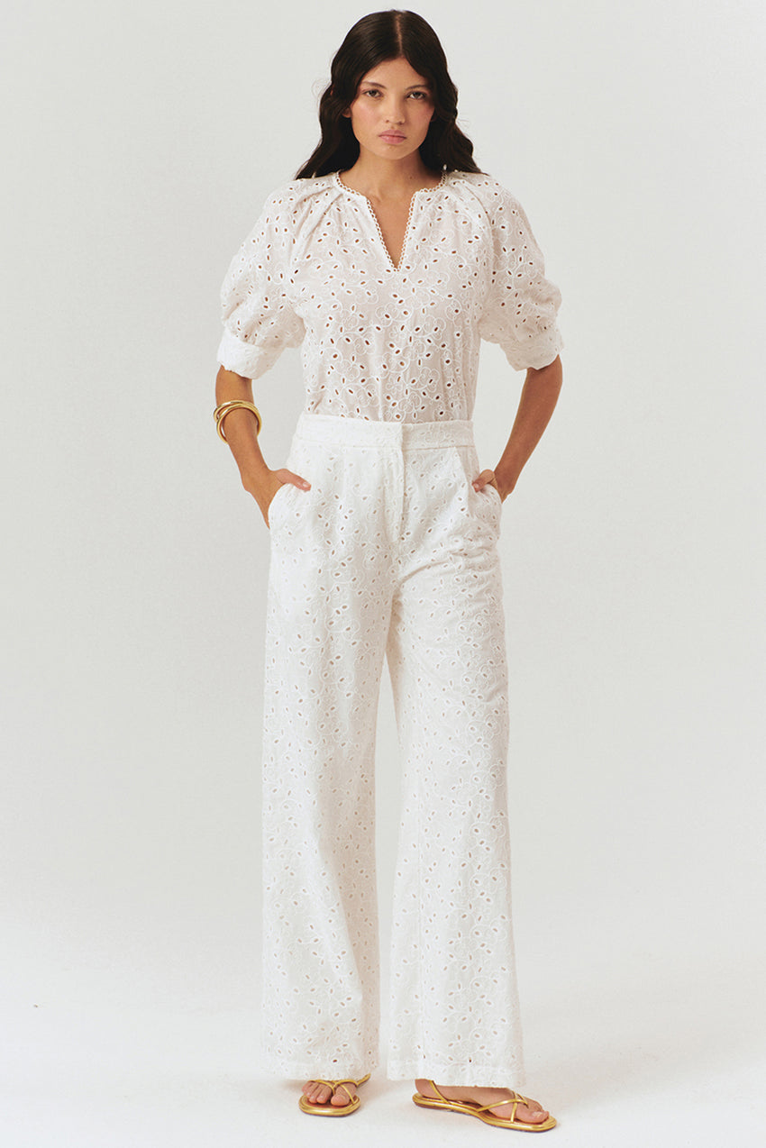 Broderie Anglaise Fabric Loose Fit Pants - Ecru