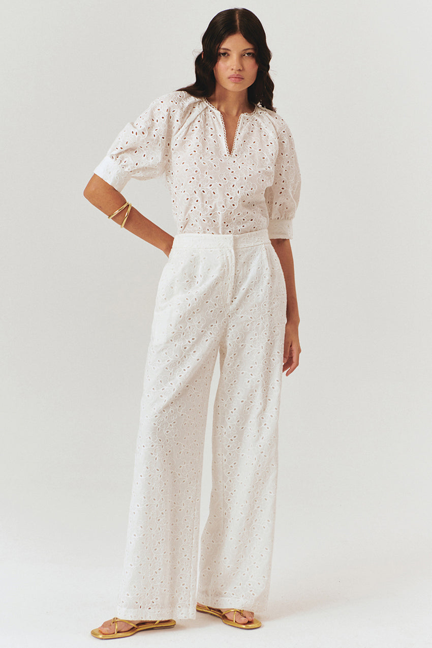Broderie Anglaise Fabric Loose Fit Pants - Ecru