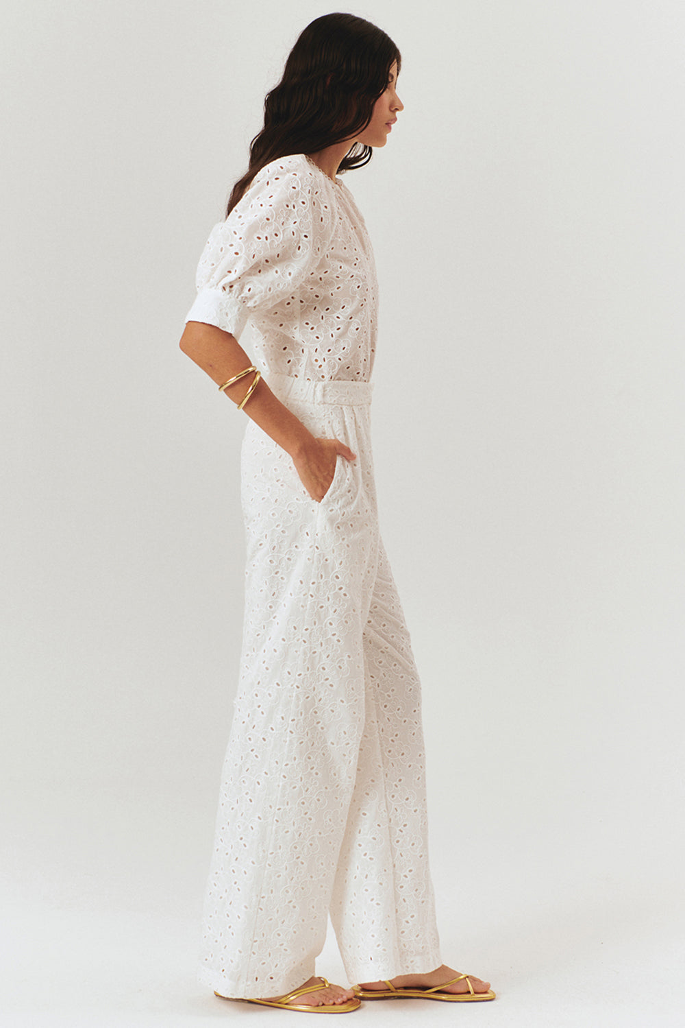 Broderie Anglaise Fabric Loose Fit Pants - Ecru