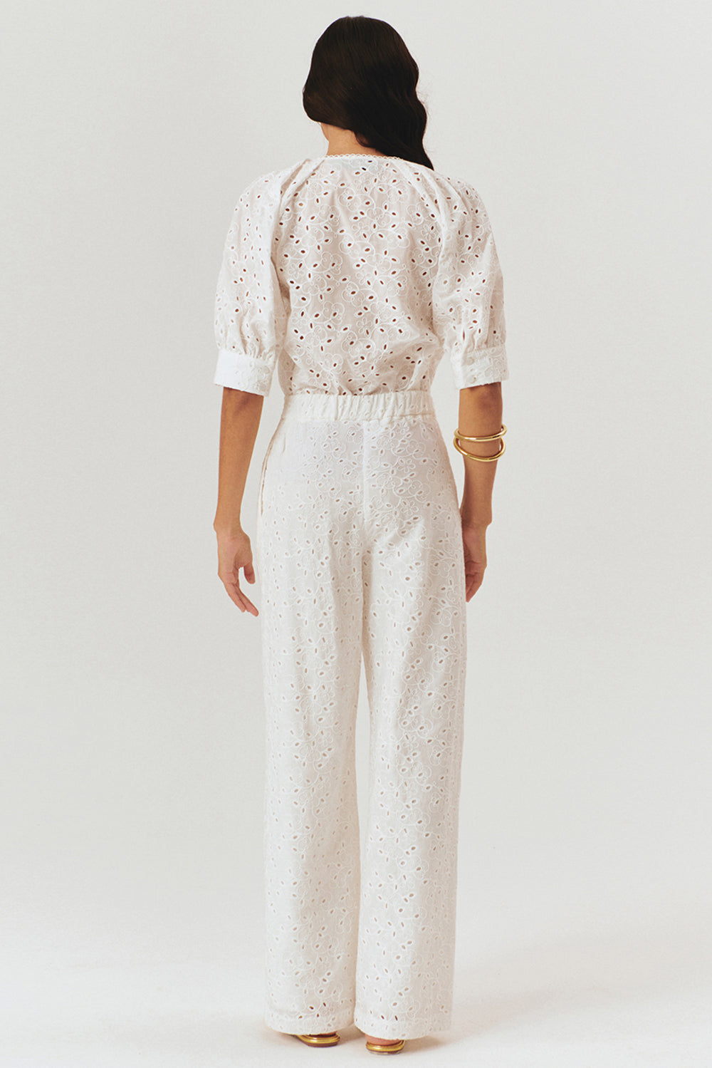 Broderie Anglaise Fabric Loose Fit Pants - Ecru