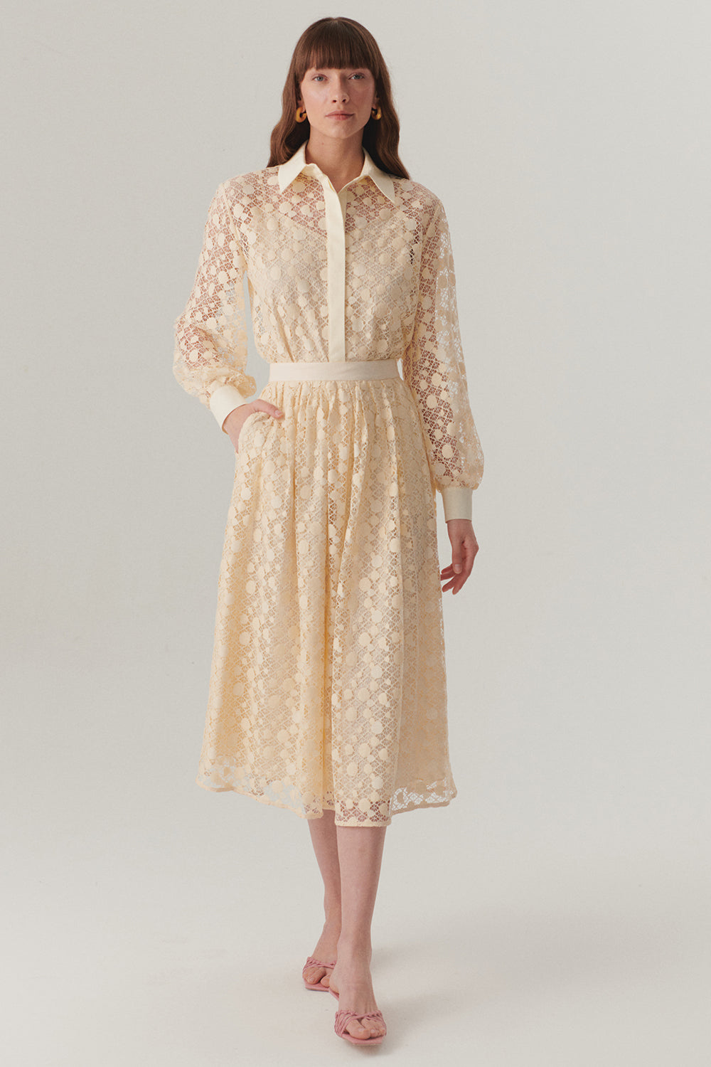 Cotton Lace-Detail Regular Fit Midi Skirt - Ecru