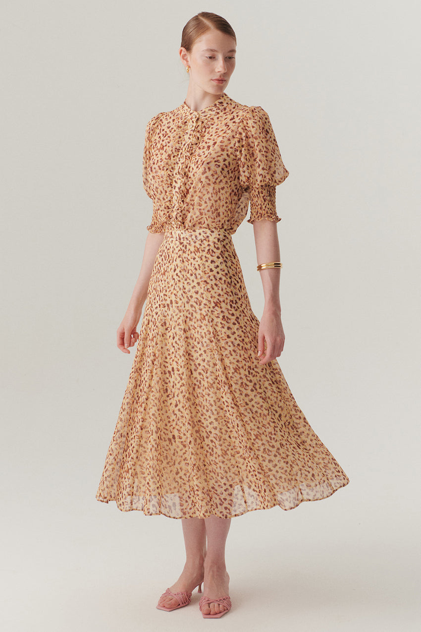 Fitted Waist Flared Patterned Chiffon Midi Skirt - Multi Color