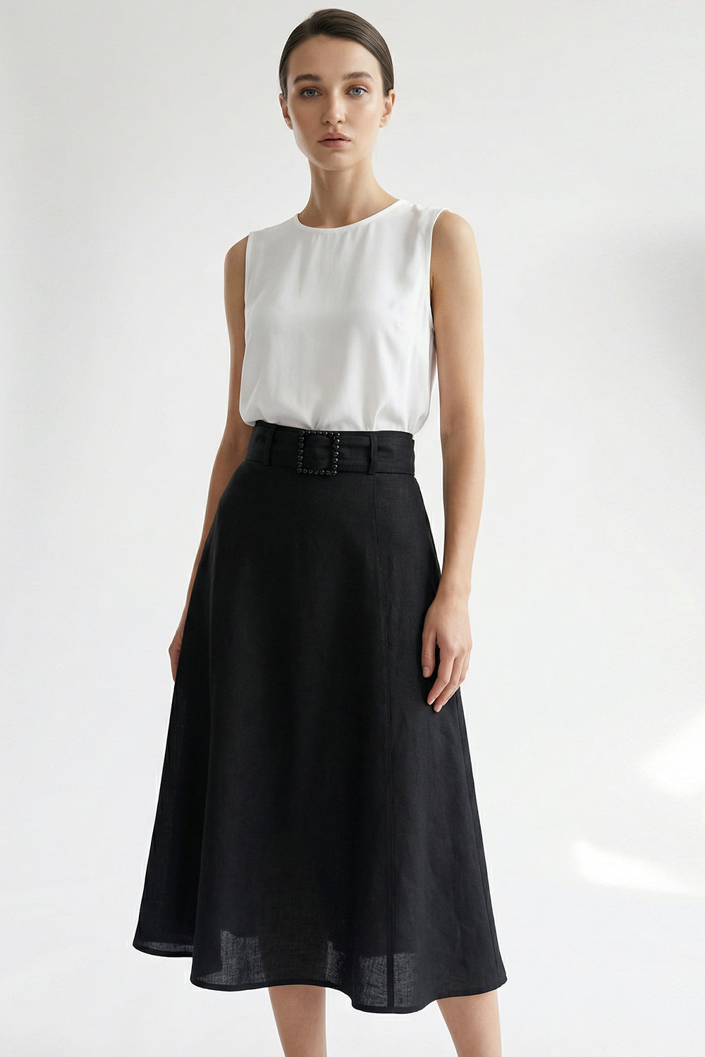 Pure Linen Fabric Belted Midi Black Flared Skirt