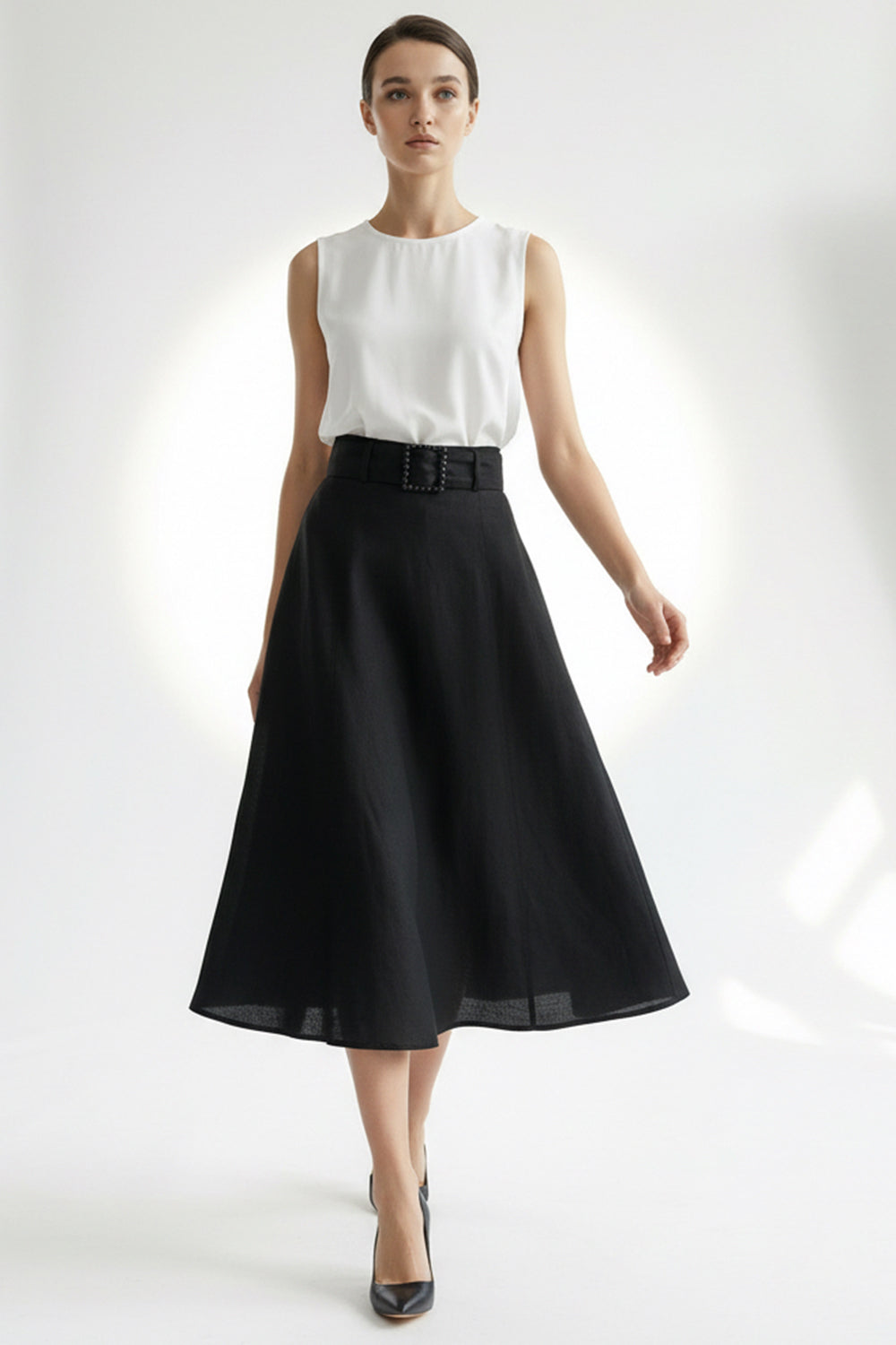 Pure Linen Fabric Belted Midi Black Flared Skirt