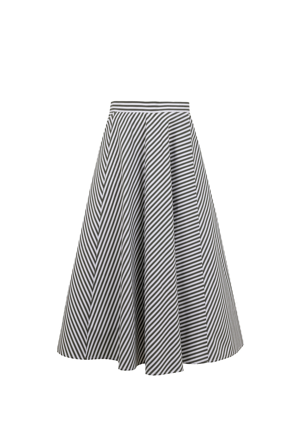 Striped Regular Fit Flared Midi Skirt - Khaki
