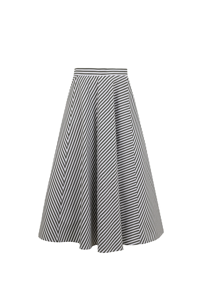 Striped Regular Fit Flared Midi Skirt - Khaki