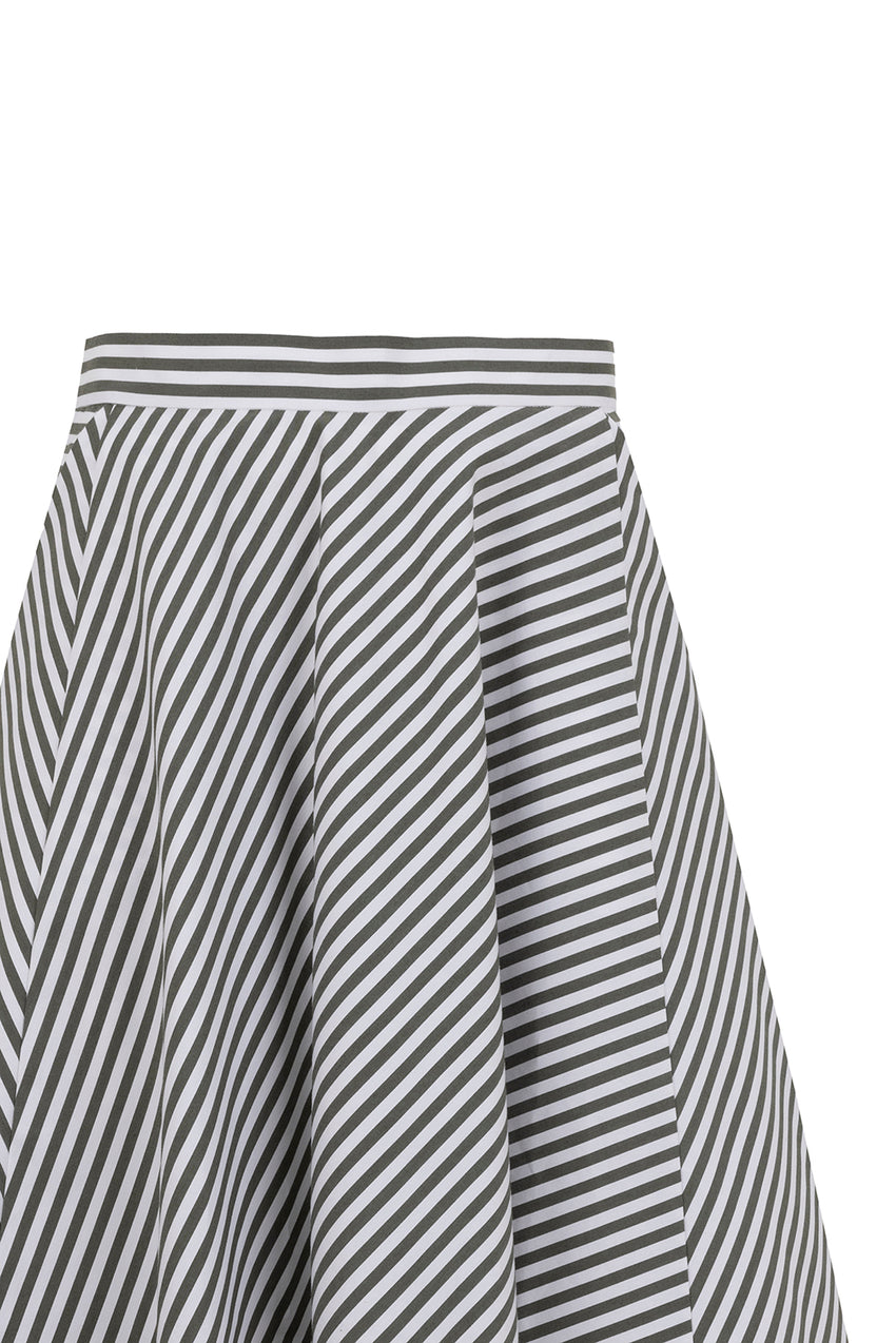 Striped Regular Fit Flared Midi Skirt - Khaki
