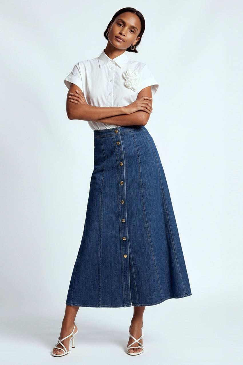 A-Line Front Buttoned Denim Midi Skirt - Indigo