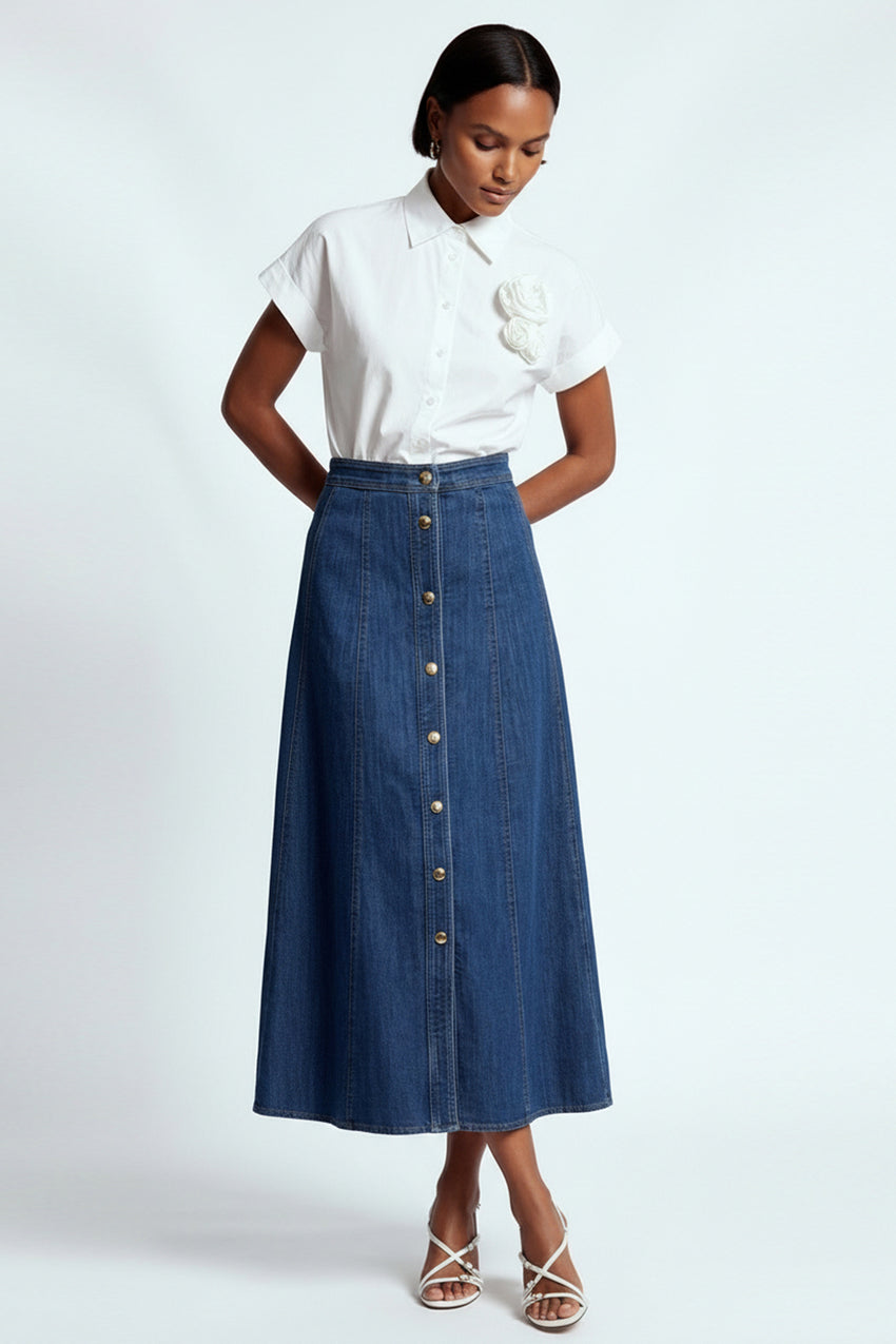 A-Line Front Buttoned Denim Midi Skirt - Indigo