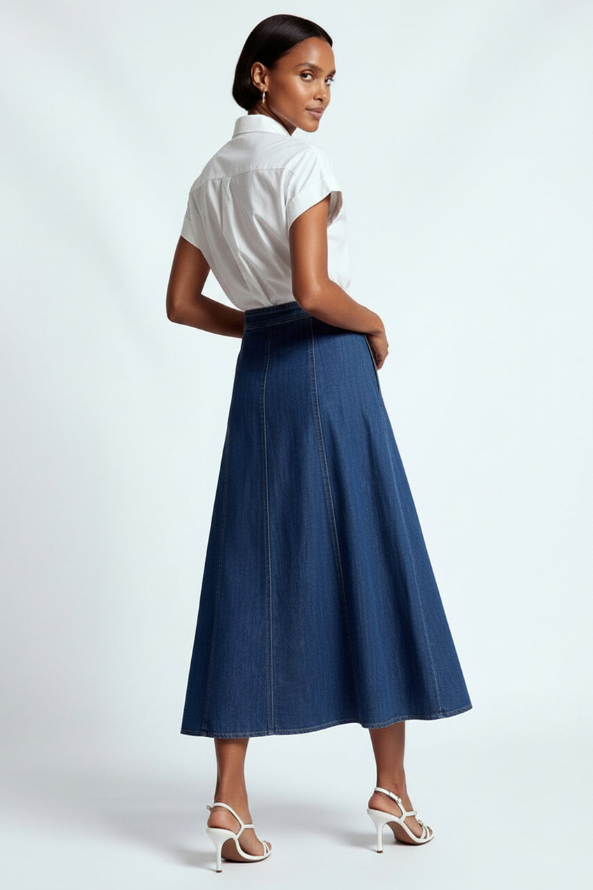 A-Line Front Buttoned Denim Midi Skirt - Indigo
