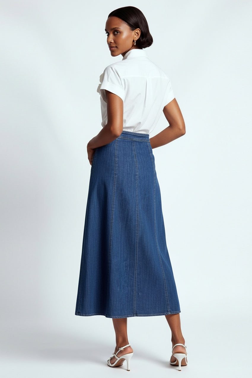 A-Line Front Buttoned Denim Midi Skirt - Indigo