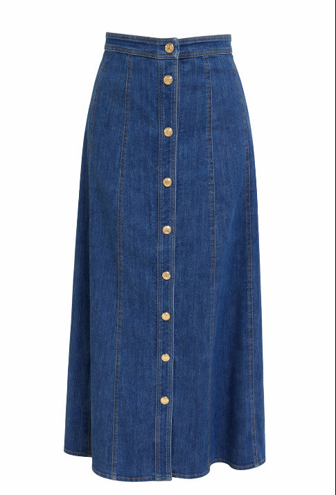 A-Line Front Buttoned Denim Midi Skirt - Indigo