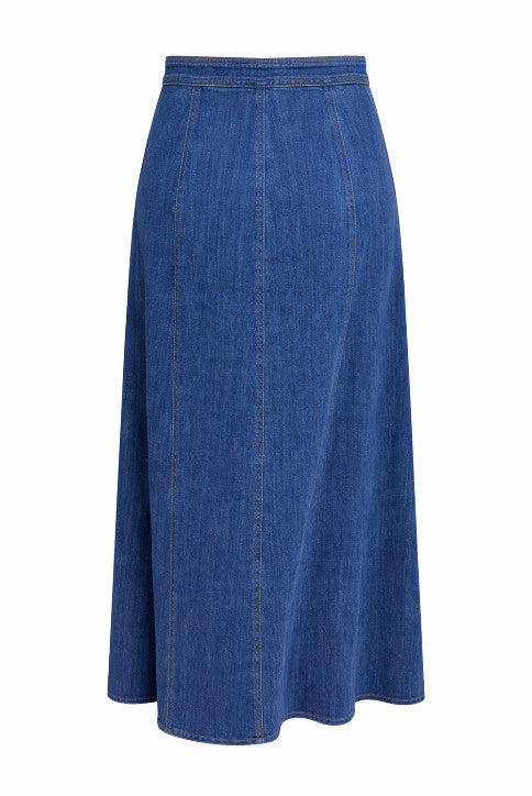 A-Line Front Buttoned Denim Midi Skirt - Indigo