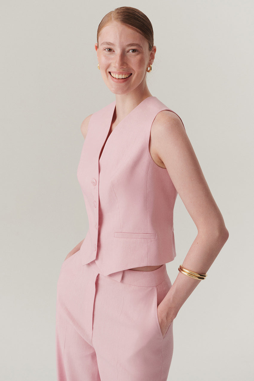 Waist-Fitted Linen Vest - Powder Pink