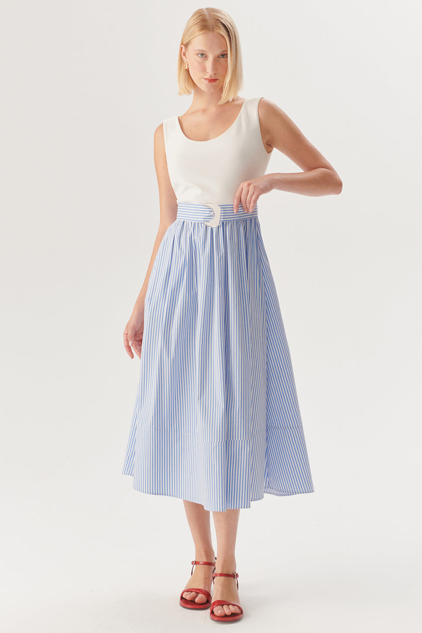 Belted Striped Regular Fit Midi Dress - Blue